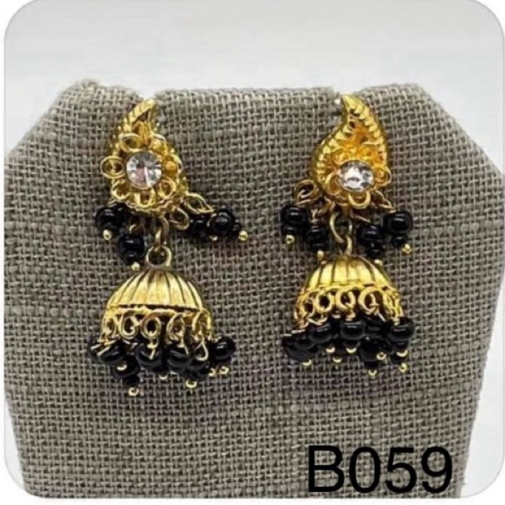 Small Golden Jhumka Earrings, Black Color Stones Beaded Jhumkas, Antique Golden